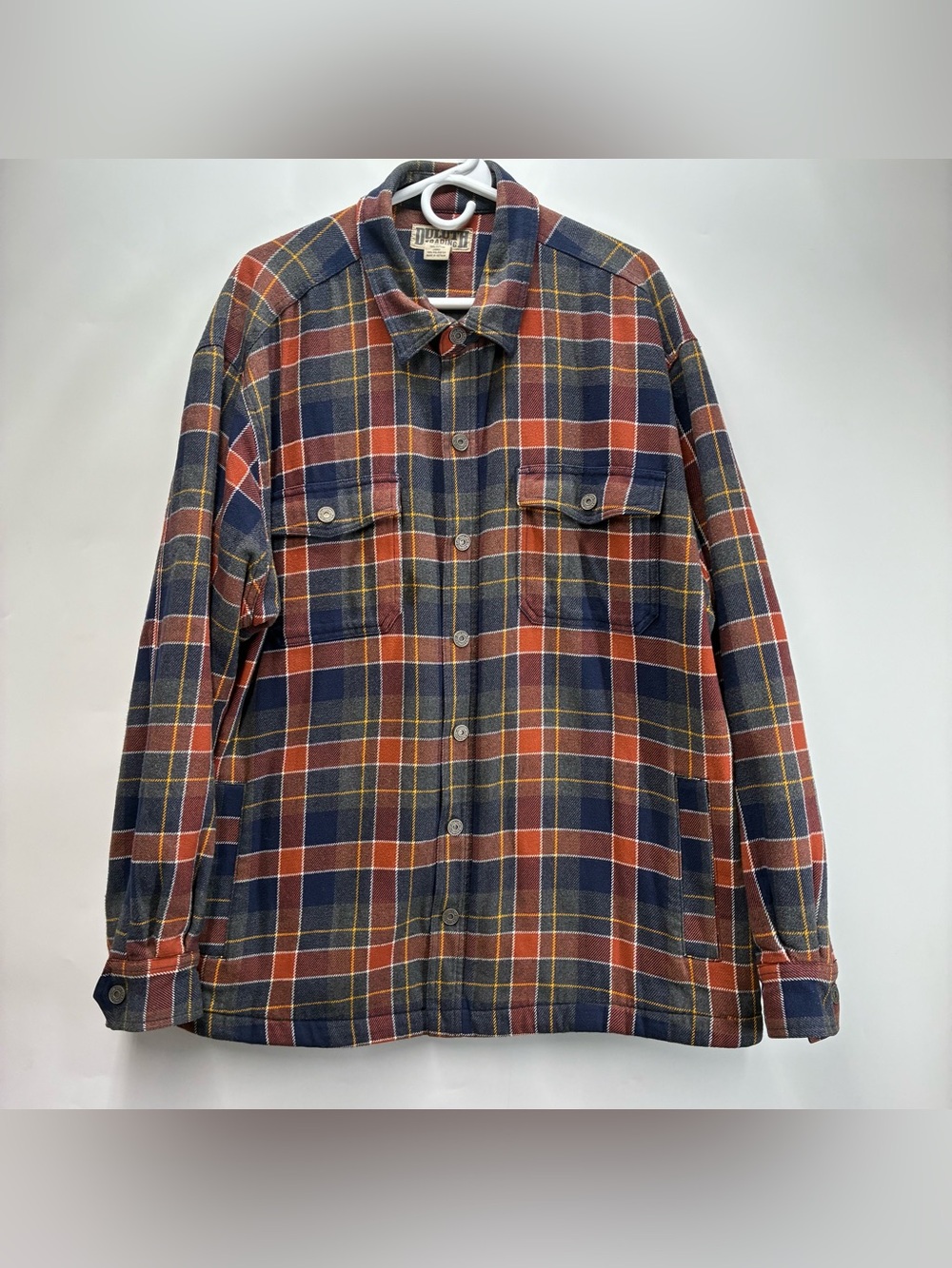 Duluth Trading XL Plaid Snap Shirt Jacket Shacket Orange Gray Cotton Heavy